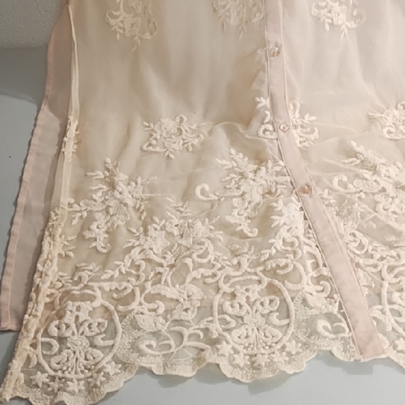 Pink Sheer Netting Embroidered Long Button Up Vest Shirt Side Slits - Picture 11 of 13